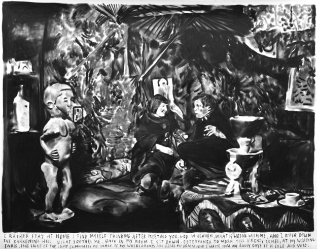 Rinus Van de Velde, I rather stay at home I find myself thinking after meeting you., 2016, charcoal on paper, 150 x 190 cm, Courtesy Tim Van Laere Gallery, Antwerp