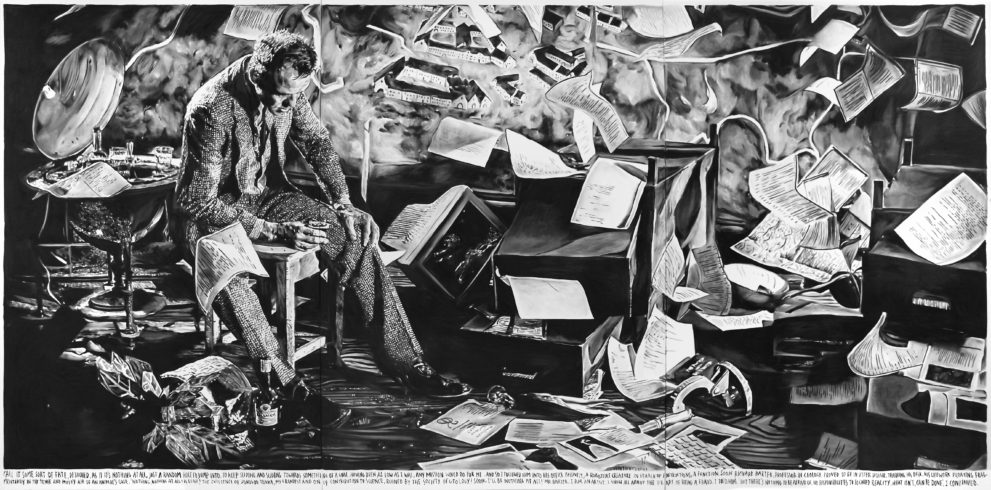 Rinus Van de Velde, ’What isn’t, can be done’, I continued., 2015-2016, 300 cm x 600 cm, charcoal on canvas Courtesy Tim Van Laere Gallery, Antwerp