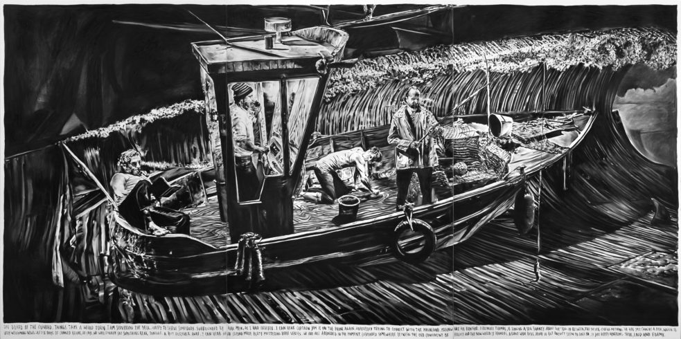 Rinus Van de Velde, On board of the Conrad, things take a weird turn., 2016, 300 x 600 cm, charcoal on canvas, artist frame, Courtesy Tim Van Laere Gallery, Antwerp