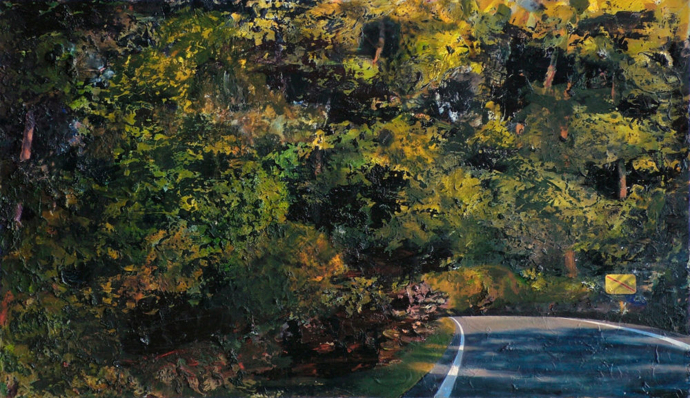 Landauswärts, 2008, Öl auf MDF, 80 x 138 cm