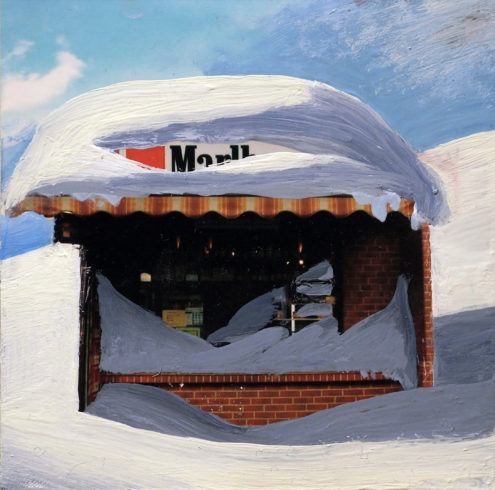 O.T. (Kiosk), 2010, Ölfarbe auf Fotographie, 10 x 10 cm