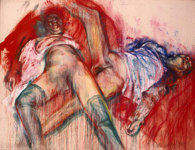 Rotlauf, 1981, Kunstharz, Ölfarbe, Kunstseide, Gardinenstoff auf Nessel/ Collage, 190 x 240 cm