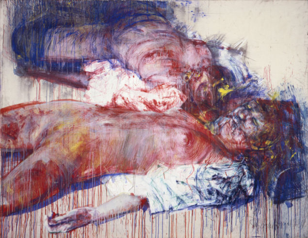 Sonnenbad, 1982, Kunstharz, Ölfarbe, Kunstseide auf Nessel/Collage, 190 x 240 cm
