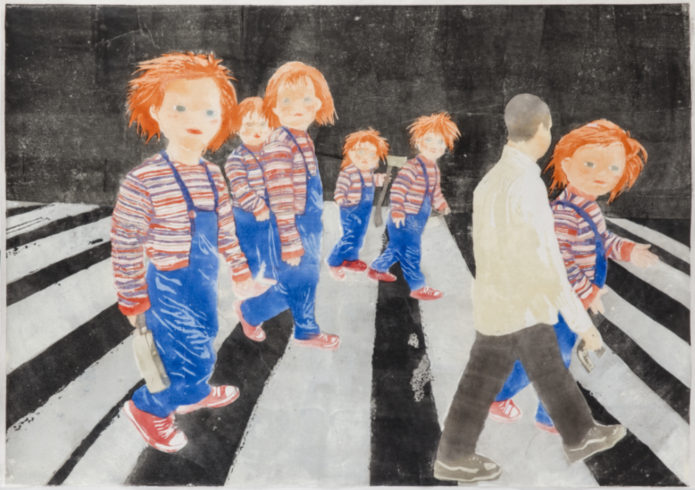 Retter der Welt, 2016, Linolschnitt, 100 x 140 cm ©VG Bild-Kunst, Bonn 2019/ Uta Zaumseil, Foto: Christof Beer