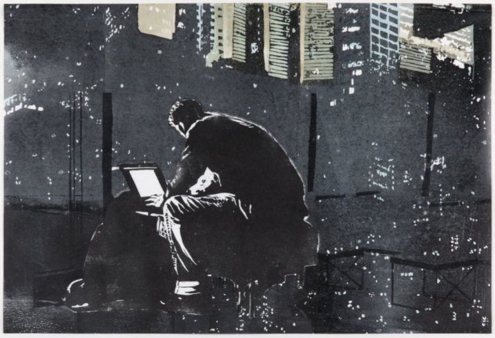 Online, 2018, Linolschnitt, 42 x 58 cm ©VG Bild-Kunst, Bonn 2019/ Uta Zaumseil, Foto: Christof Beer