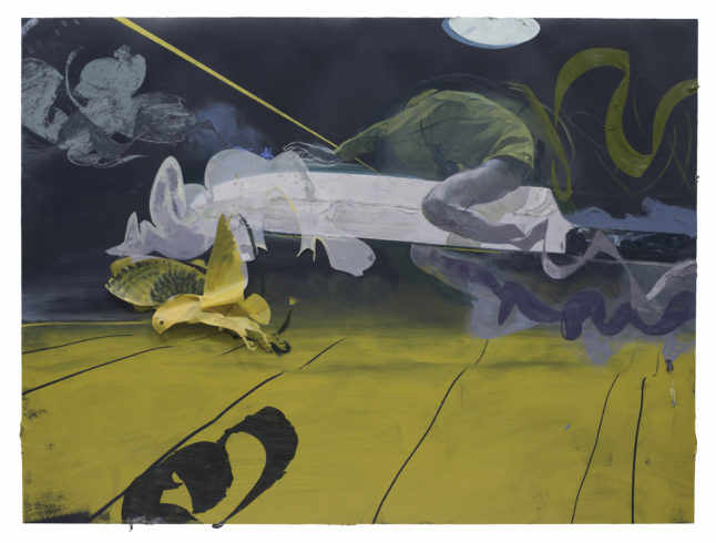 Die Flucht von Ogigya, 2014, Öl, Acryl, Collage auf Linoleum, 150 x 200 cm © Ruprecht von Kaufmann, Foto: Stefan Maria Rother, Berlin