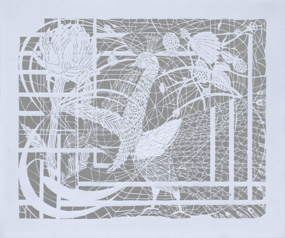 Magic Forest-Peacock, 2020, Cutout / Tusche auf Pergament, 50 x 60 cm © VG Bild-Kunst, Bonn 2024/ Zipora Rafaelov, Foto: Ben Hermanni, Lemgo