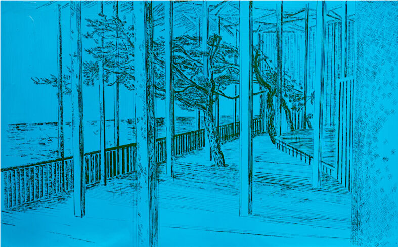 Meerblick auf Ostmeer, 2024, geritzte Zeichnung in Glas, 86 x 54 cm. Foto: Choi Ok Yeung