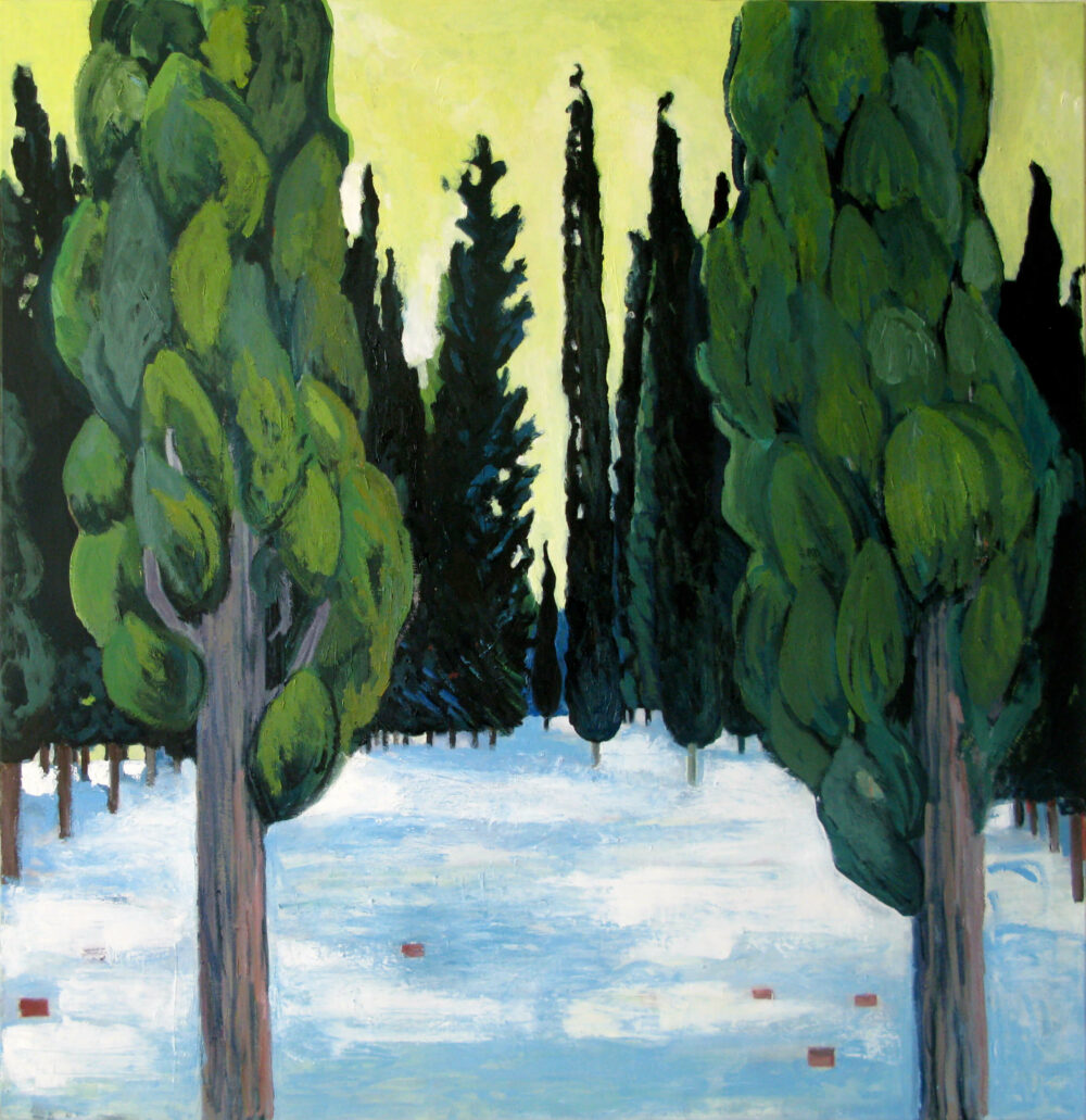Zypressen in Griechenland, 2014, Öl auf Leinwand, 130 x 135 cm. Foto: Karen Koschnick