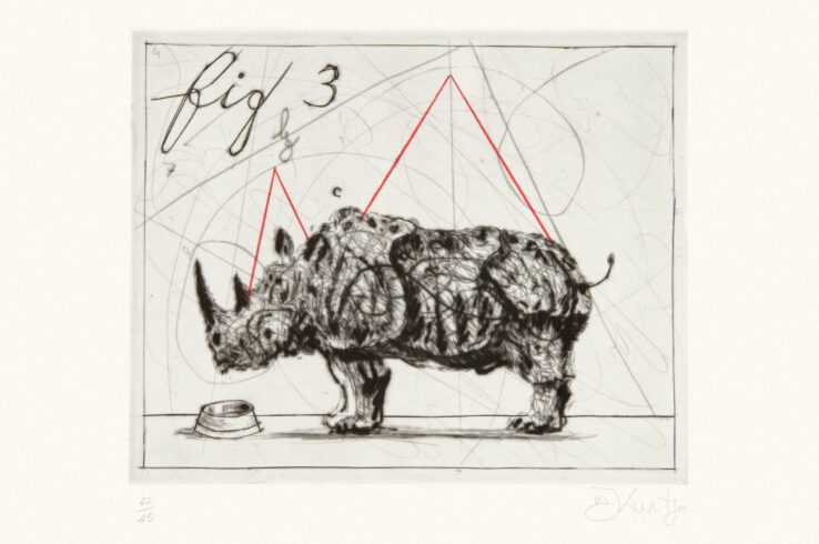 William Kentridge, Three Rhinos (3 von 3), 2005 Kaltnadel und Pastell auf Hahnemühle © William Kentridge