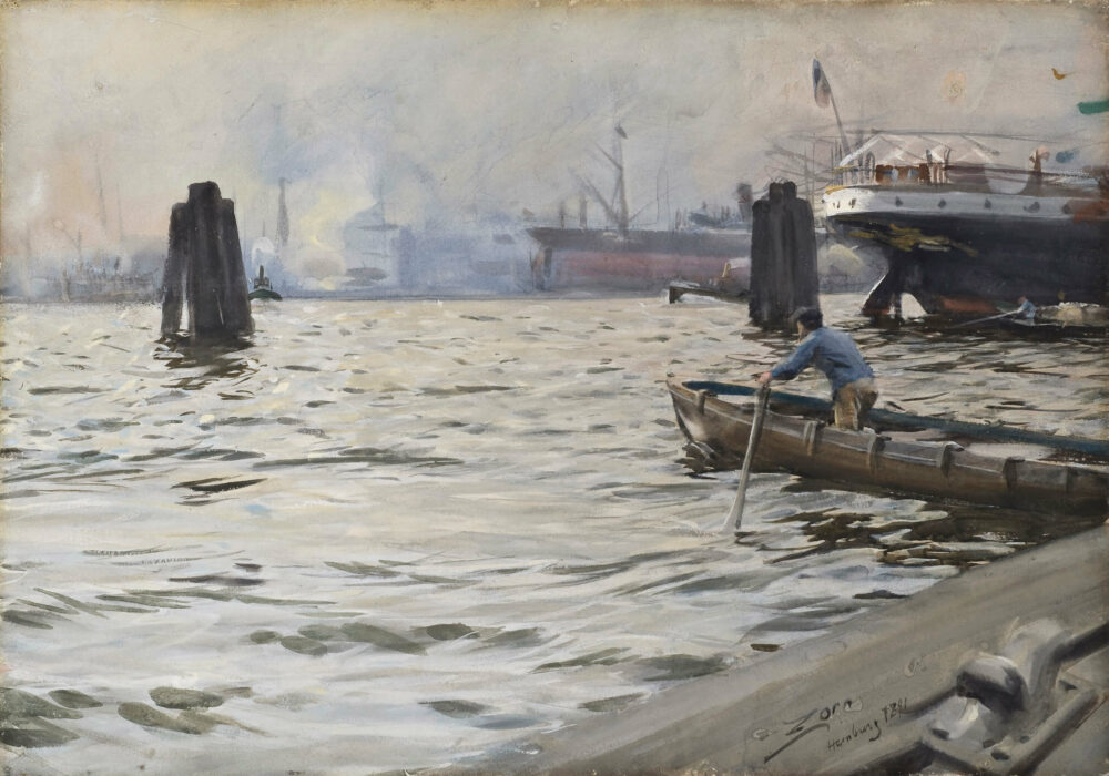 Anders Zorn (1860–1920), Hamburger Hafen, 1891, Aquarell auf Papier, 46,5 x 67 cm, Nationalmuseum, Stockholm © Nationalmuseum, Stockholm, Foto: Cecilia Heisser