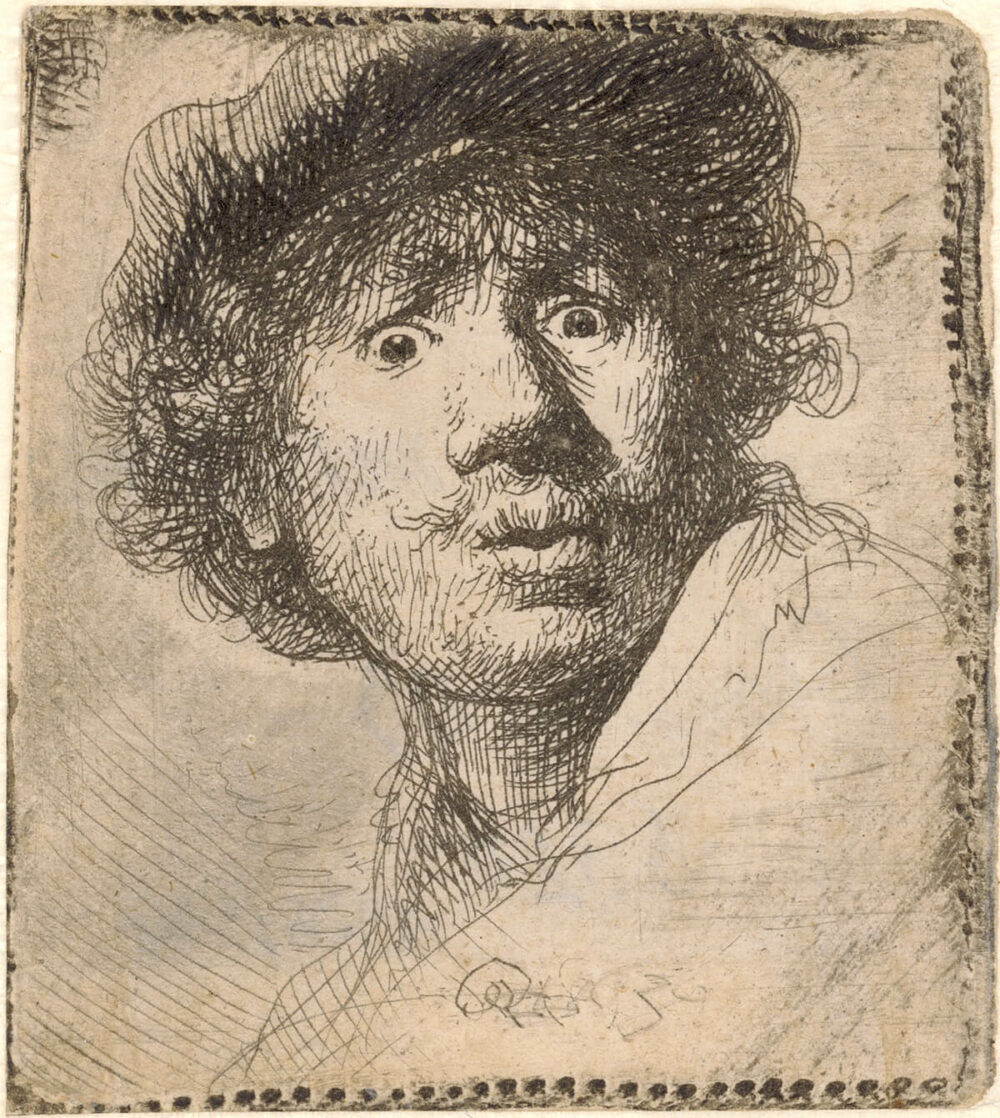 Rembrandt Harmensz. van Rijn Selbstbildnis mit aufgerissenen Augen, 1630 5,3 × 4,7 cm, Radierung und Kaltnadel ALBERTINA, Wien