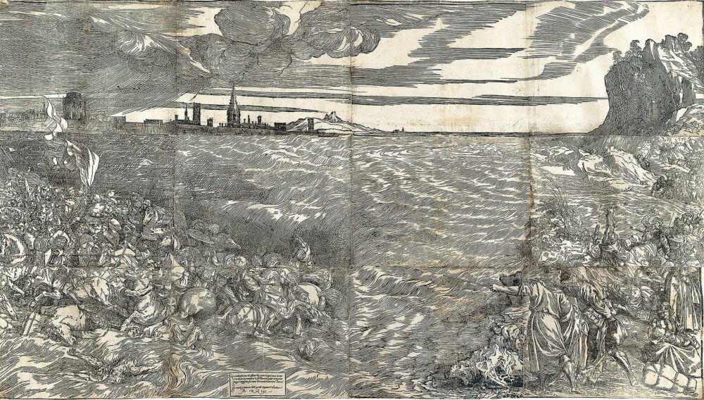 Tizian Der Untergang des Pharao im Roten Meer, 1549 121 × 220 cm (zusammengesetzt aus 12 Blattern), Holzschnitt von 12 Platten ALBERTINA, Wien