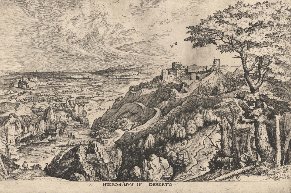 Pieter Bruegel d.Ä., radiert und gestochen von Jan und Lucas von Doetecum, Der heilige Hieronymus in der Wildnis, ca. 1555, Radierung und Kupferstich, 326 x 432 mm Städel Museum, Frankfurt am Main