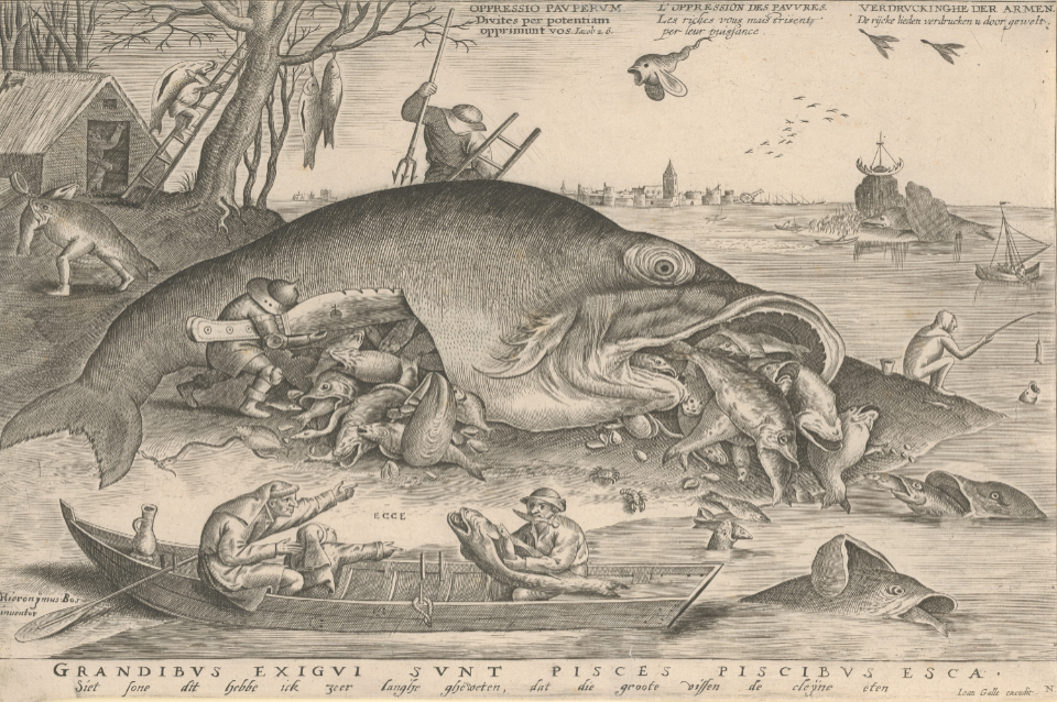 Pieter Bruegel d.Ä., gestochen von Pieter van der Heyden, Die großen Fische fressen die kleinen, 1570, Kupferstich, 228 x 295 mm Staatliche Graphische Sammlung München