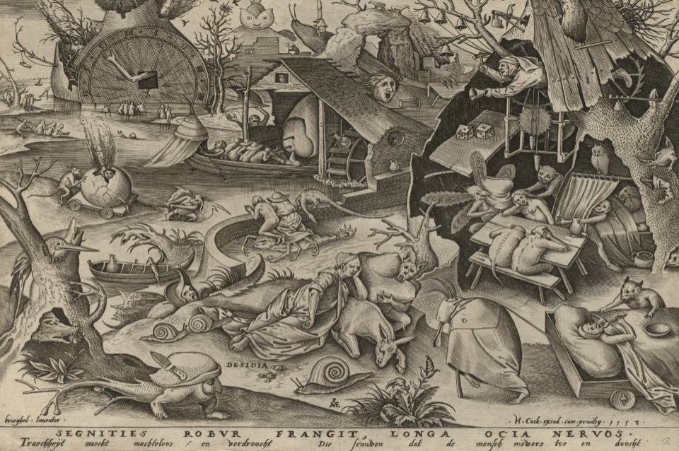 Pieter Bruegel d.Ä., gestochen von Pieter van der Heyden, Trägheit (Desidia), 1558, Kupferstich, 223 x 293 mm Albertina, Wien