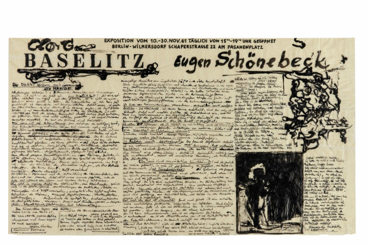Georg Baselitz, Pandämonium I (1. Version), 1961, mit Eugen Schönebeck, Tusche auf Transparentpapier, 59 × 102,7 cm, Ludwig Forum für Internationale Kunst, Aachen, Leihgabe Peter und Irene Ludwig Stiftung © Georg Baselitz 2026, Foto: Carl Brunn