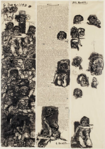 Georg Baselitz, Pandämonium II, 1962, Original der linken Hälfte zum Plakat-Manifest mit Eugen Schönebeck, Plakat-Manifest, Tusche, Schreibmaschine, Kugelschreiber, Transparentpapier auf drei Streifen, 89 × 20,4 cm / 88,6 × 20,4 cm / 88,5 × 20,4 cm; Gesamtbreite 61,2 cm, Internationale Kunst, Aachen, Leihgabe Peter und Irene Ludwig Stiftung © Georg Baselitz 2026, Foto: Carl Brunn