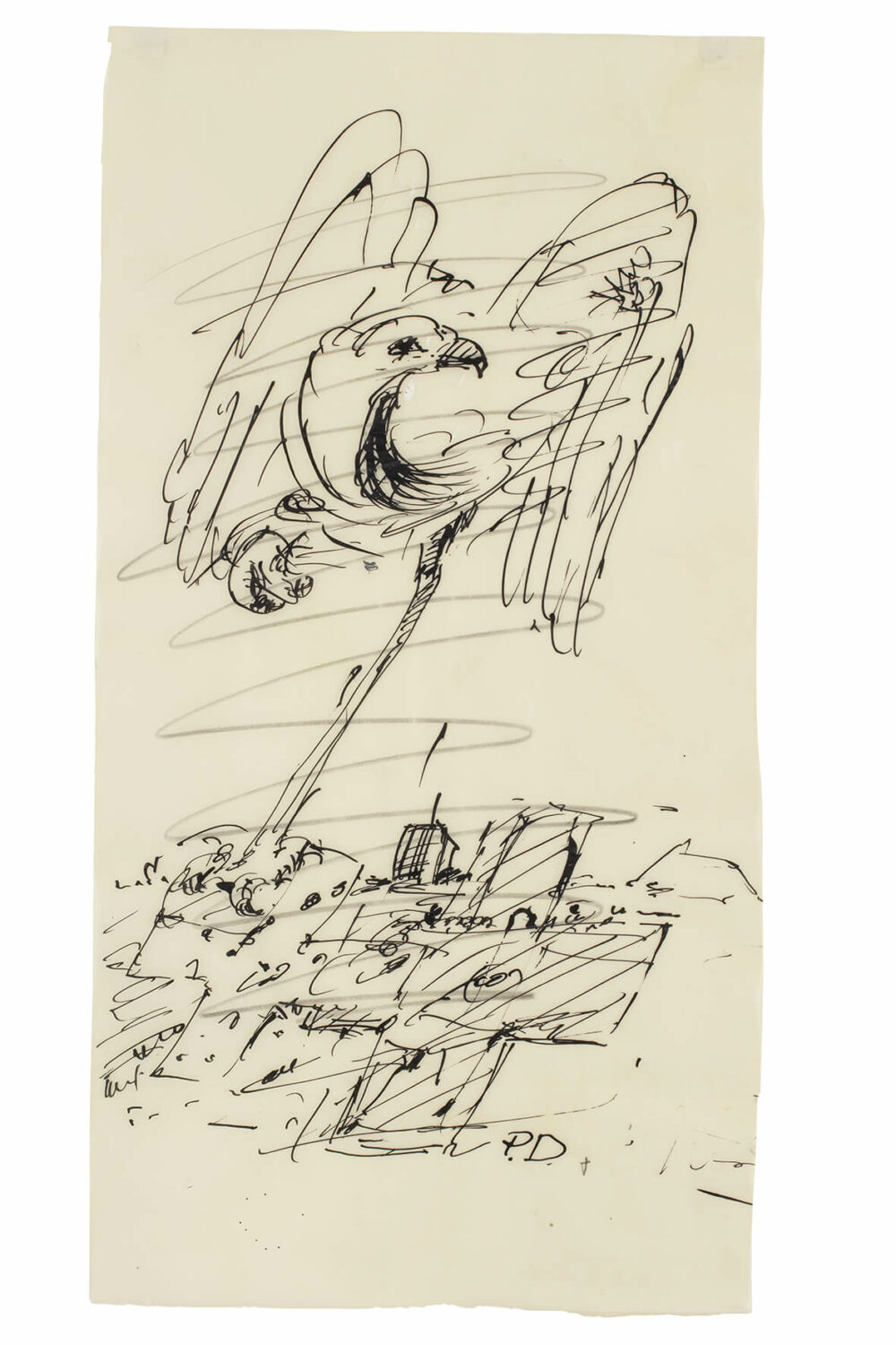 Georg Baselitz, Ohne Titel, 1962, Bleistift, Tusche, Spritzer weißer Farbe auf Transparentpapier, 56,2 × 29,2 cm, Ludwig Forum für Internationale Kunst, Aachen, Leihgabe Peter und Irene Ludwig Stiftung © Georg Baselitz 2026, Foto: Carl Brunn
