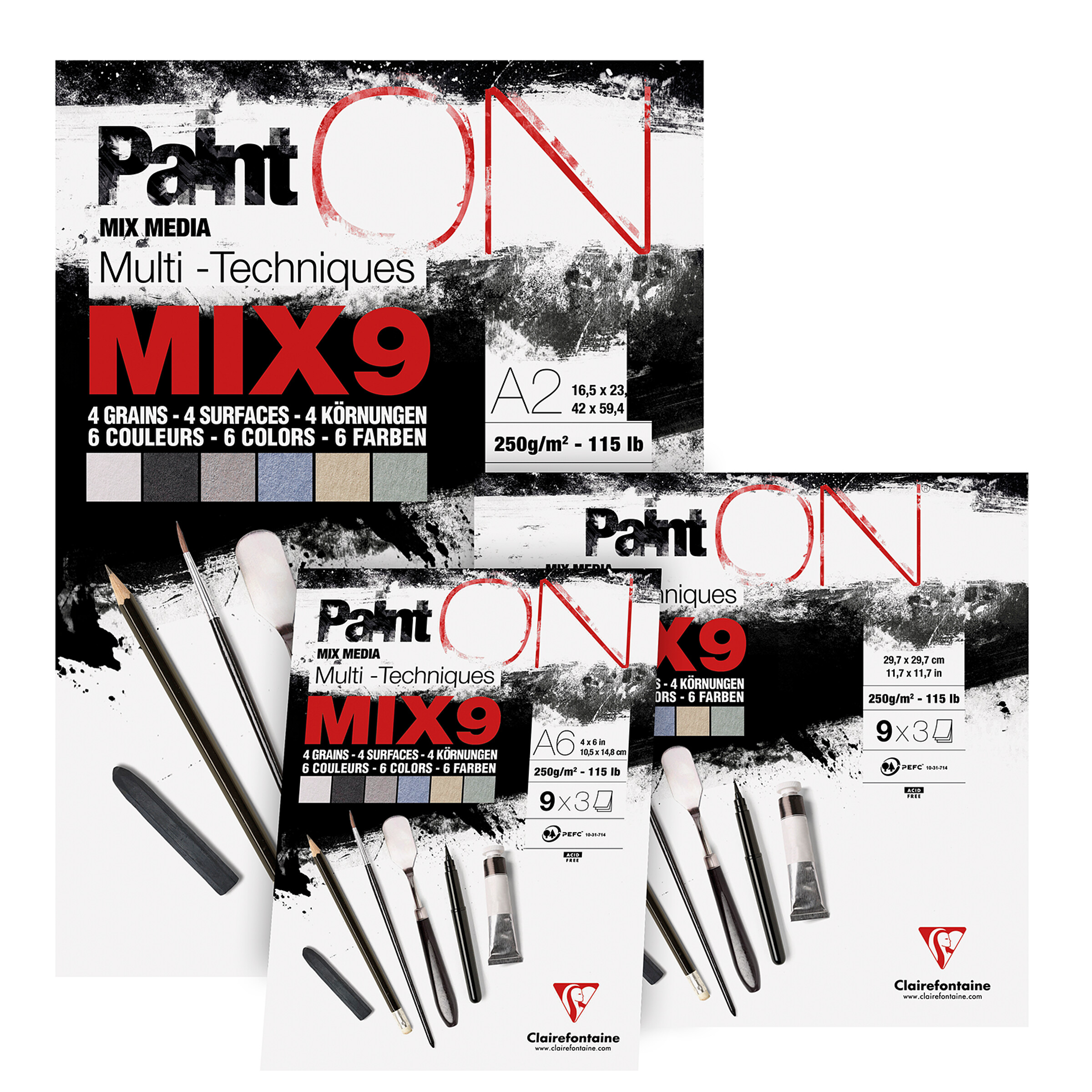Clairefontaine 960078C - Tekenblok PaintON MIX9 Multi-technieken - 27 Vellen Multi-techniek Tekenpapier - Gemengd 9 Soorten Papier x3 Vellen - A3 29,7x42 cm 250g