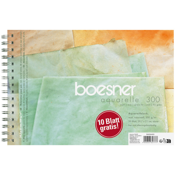 boesner – Aquarelle 300 Profi-Aquarellblock mit Spiralbindung, DIN A4 mit 10 Blatt gratis