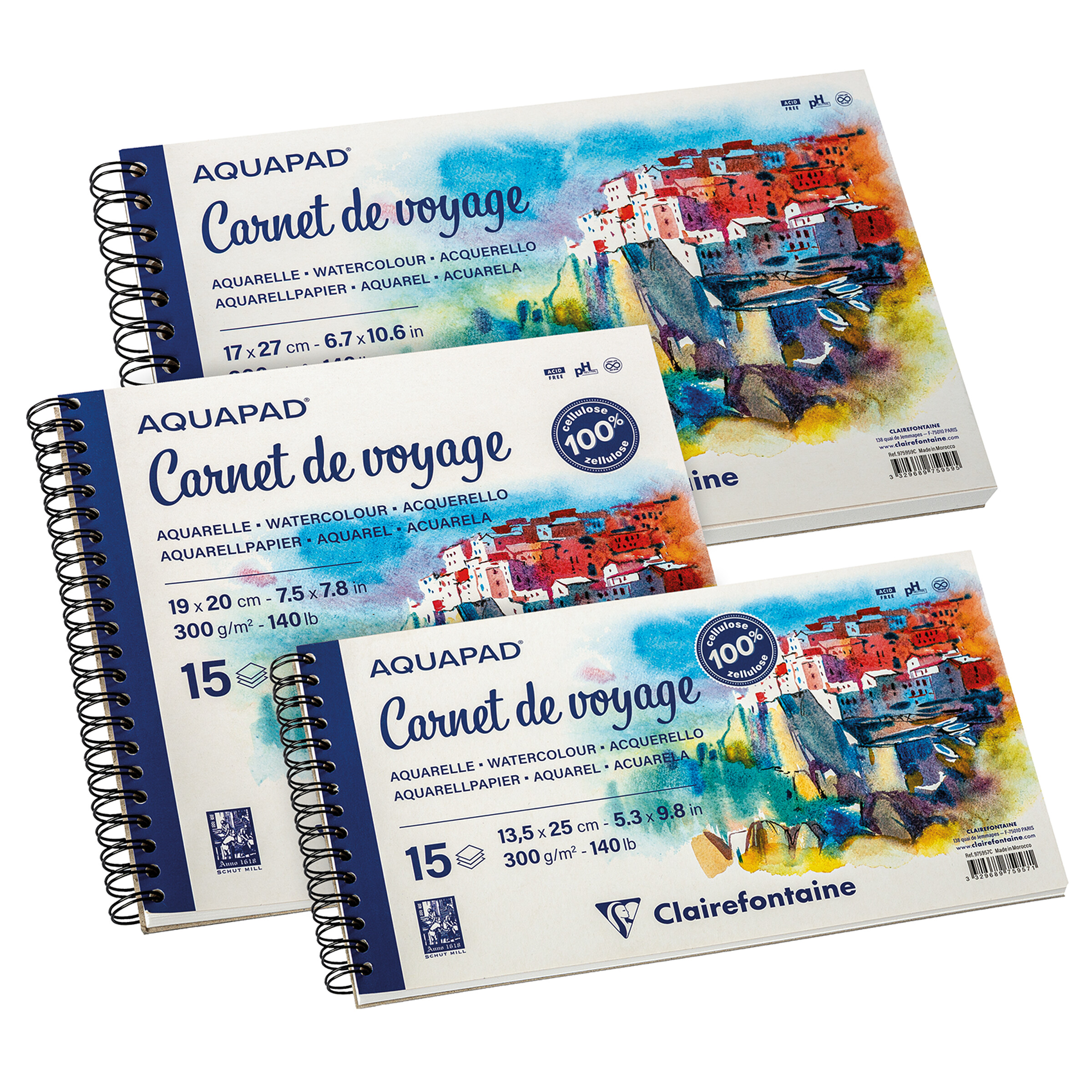 Clairefontaine 975957C - Carnet de Voyage Spiralé Aquapad - 15 Feuilles Papier Aquarelle Blanc Grain Moyen Fin 13,5x25 cm 300g - Idéal pour les Artistes Globe-trotteurs