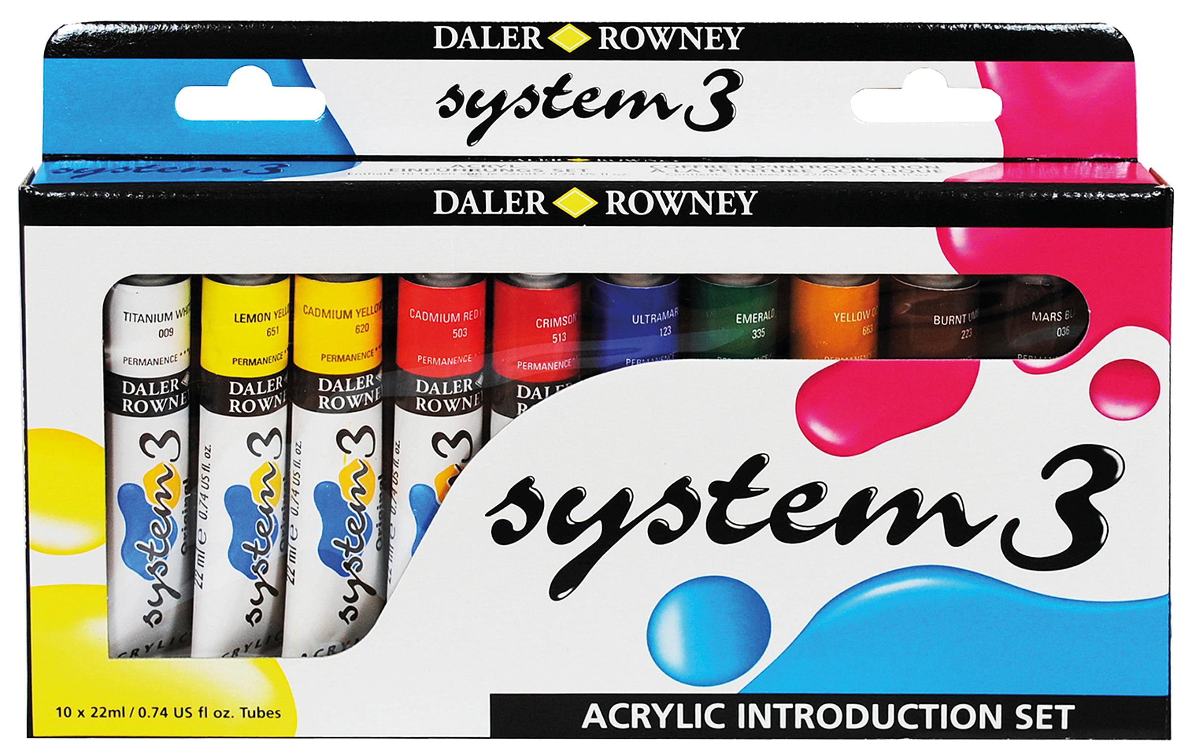 Daler-Rowney System3 - Pennello acrilico, setole sintetiche, manico corto, rotondo, angolare, piatto corto, portafoglio, set 401, 4 pennelli assortiti